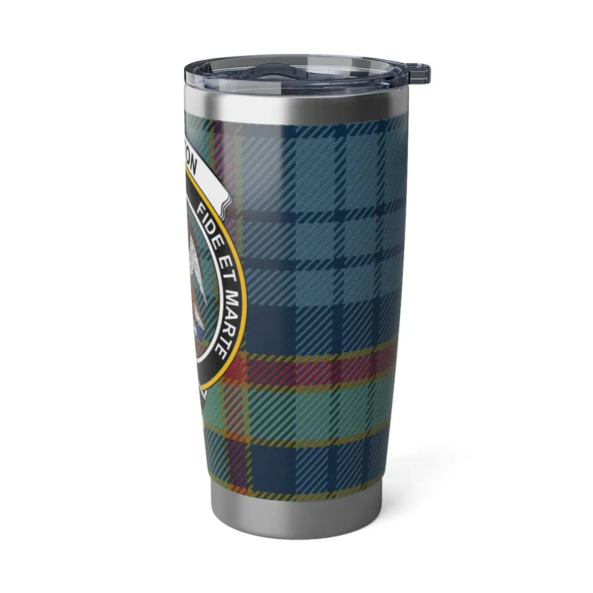 Blue Plaid Travel Tumbler with Crest Design