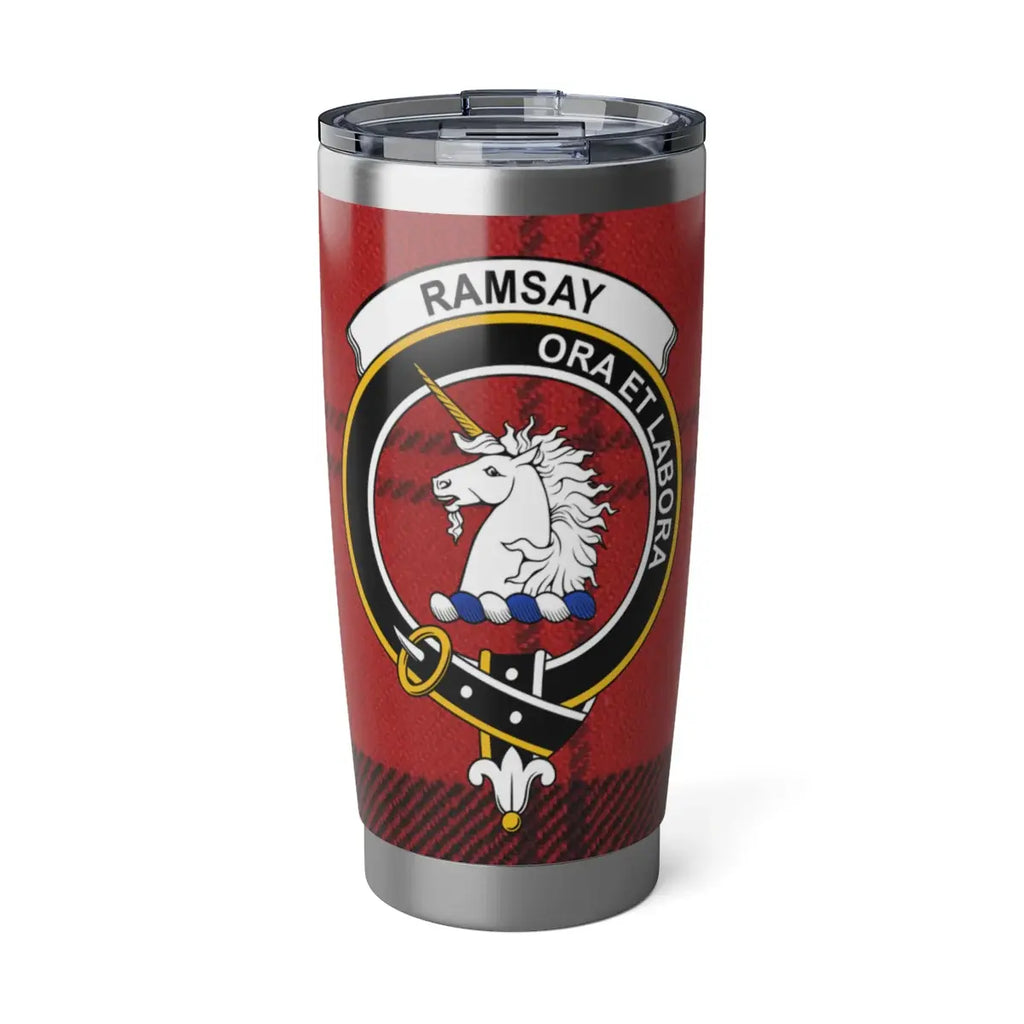 Clan Ramsay tartan tumbler — 20oz stainless steel with unicorn crest and red plaid