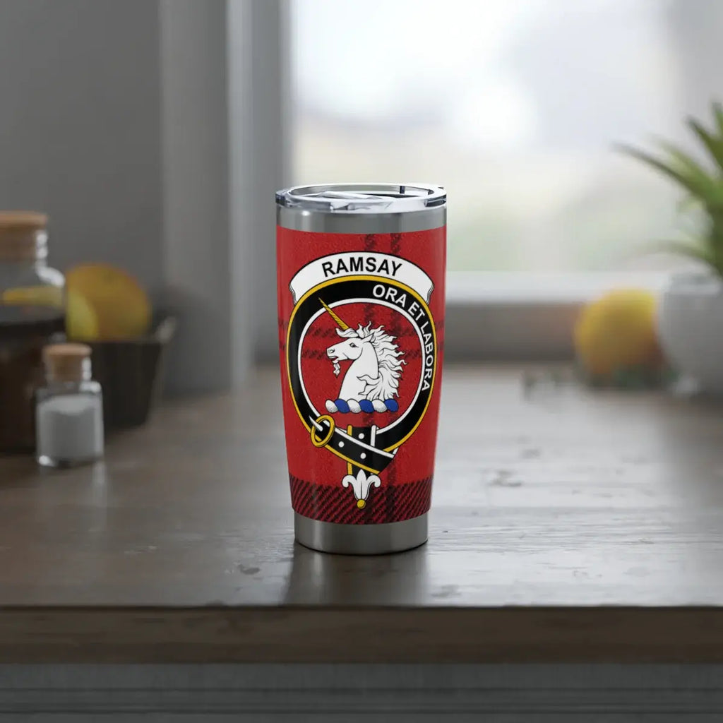 Ramsay ora et labora crest insulated tumbler — side view showing full design