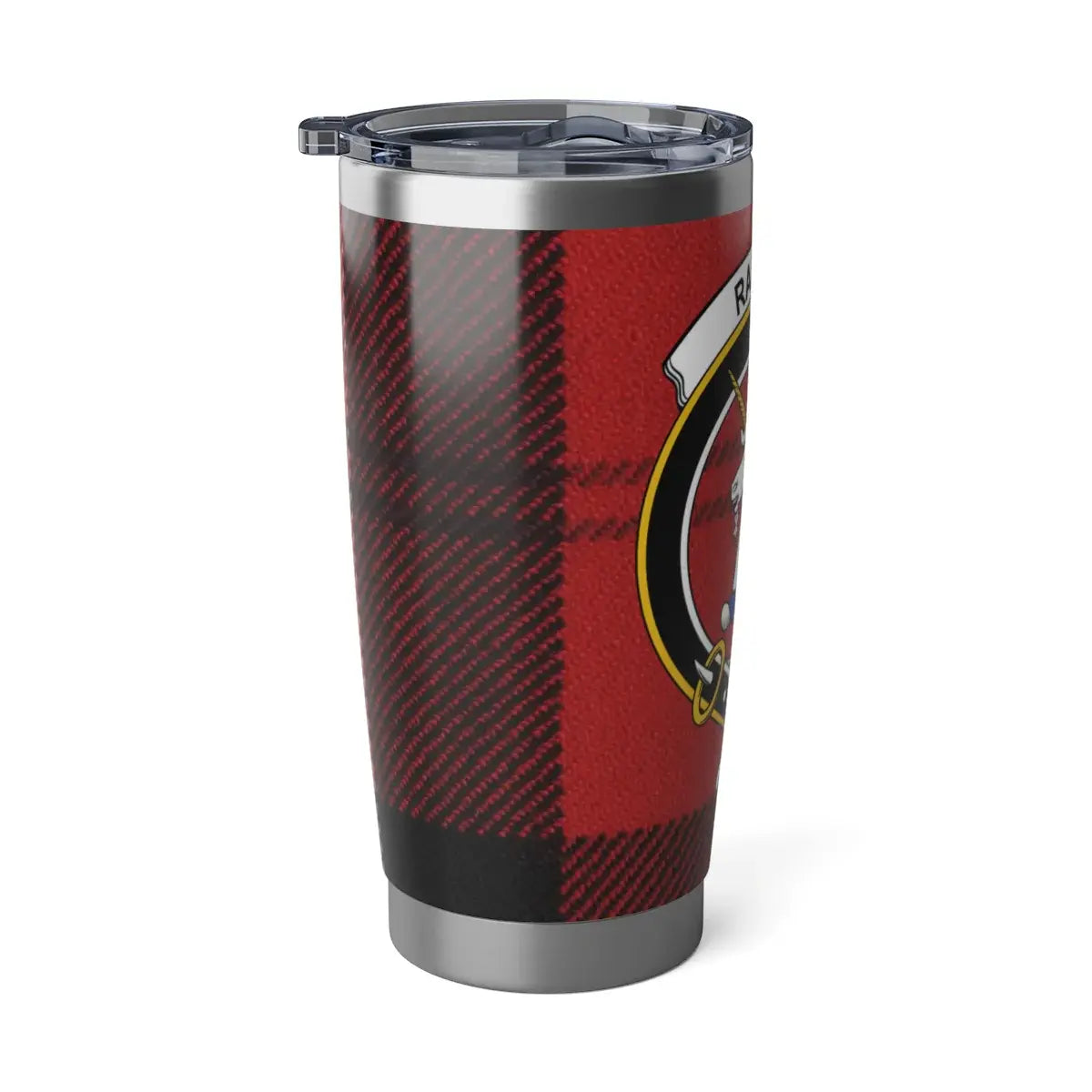 Ramsay crest tumbler with secure lid — spill-resistant, fits car cup holder