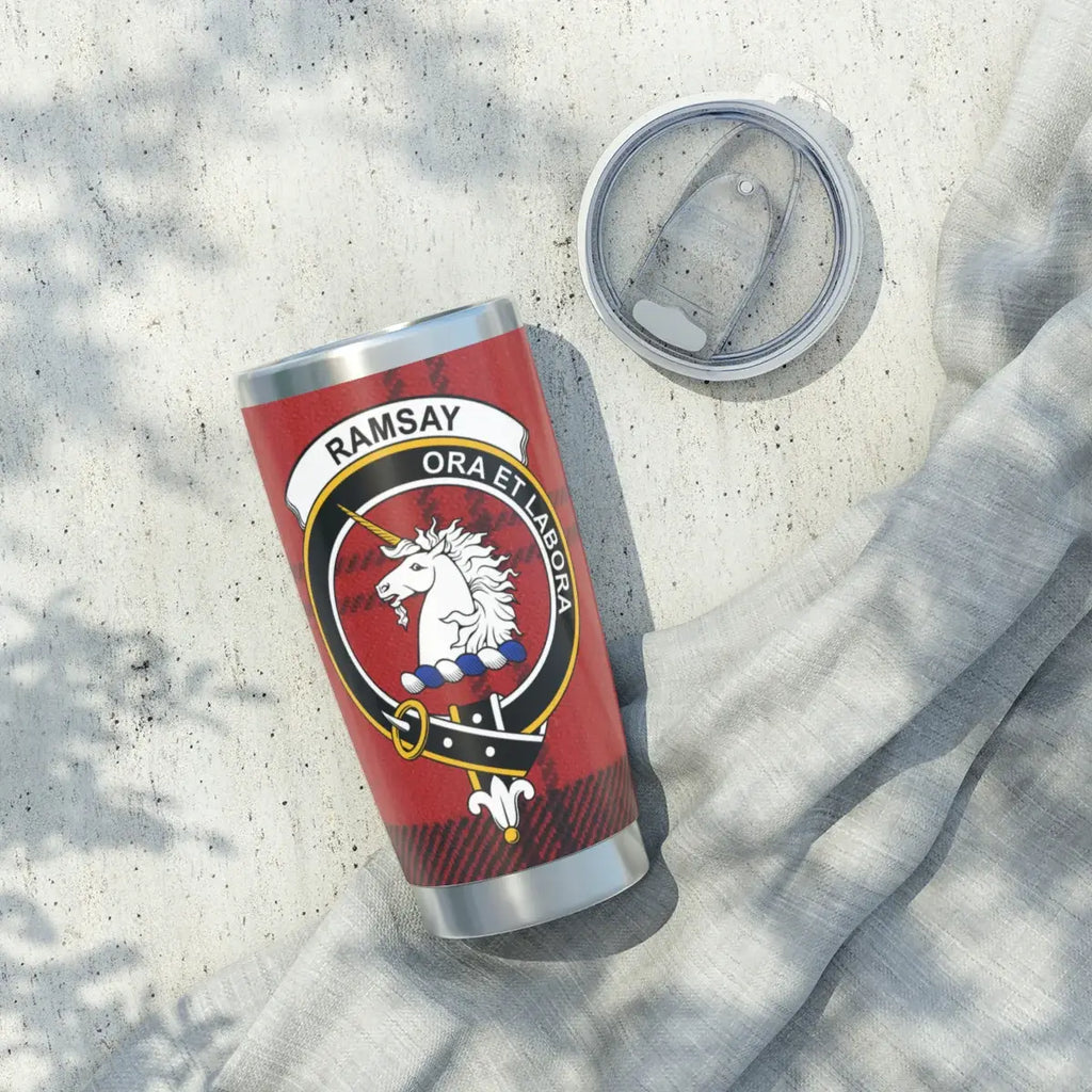 Clan Ramsay tumbler close-up — red tartan and unicorn crest on silver stainless body