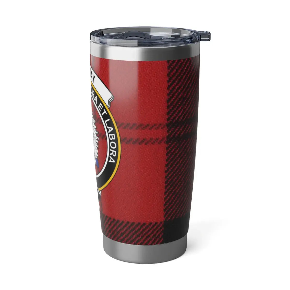 Ramsay tartan insulated tumbler — full view, red and black plaid with clan crest