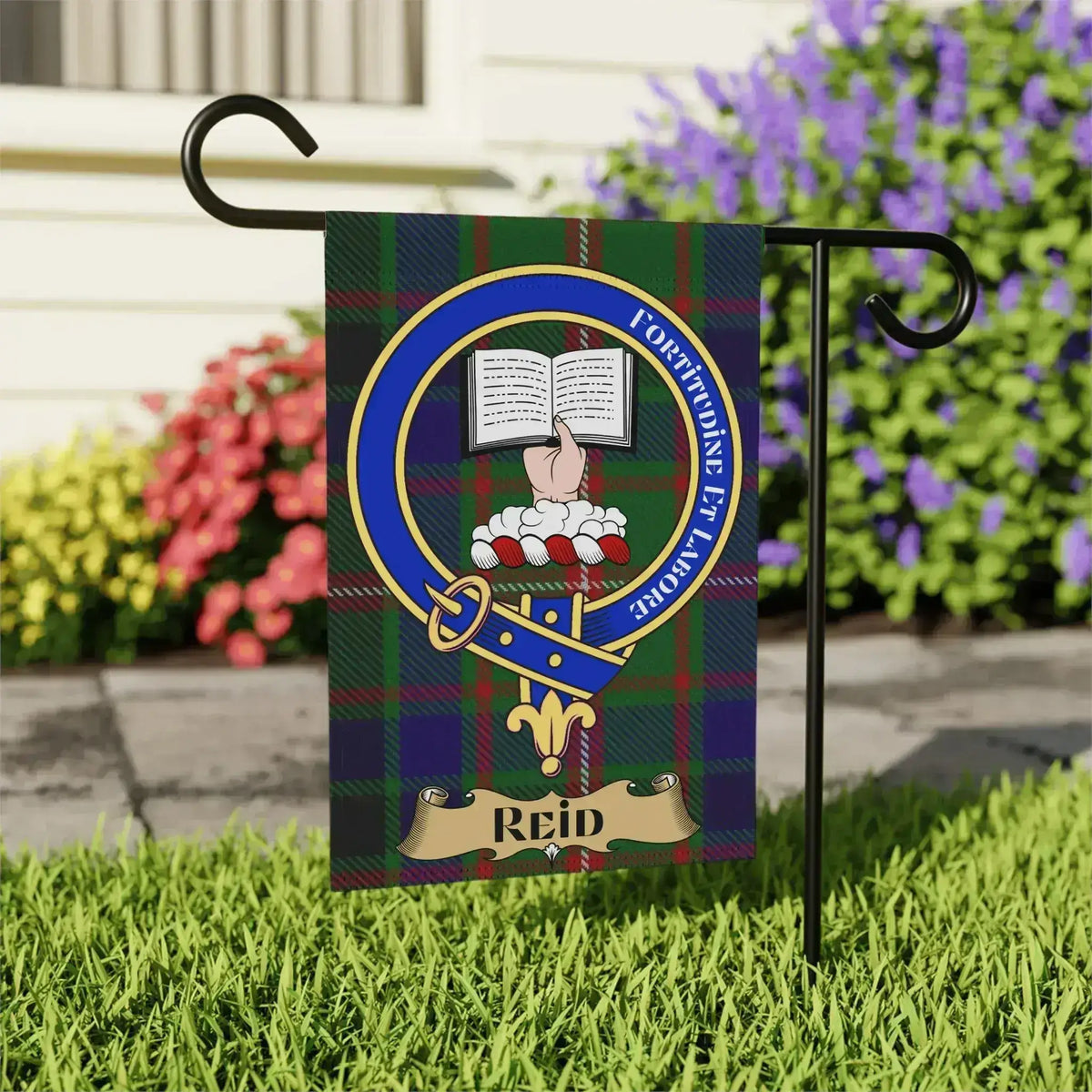 Clan Reid crest outdoor garden flag — 24.5" x 32", Fortitudine et Labore Scottish tartan