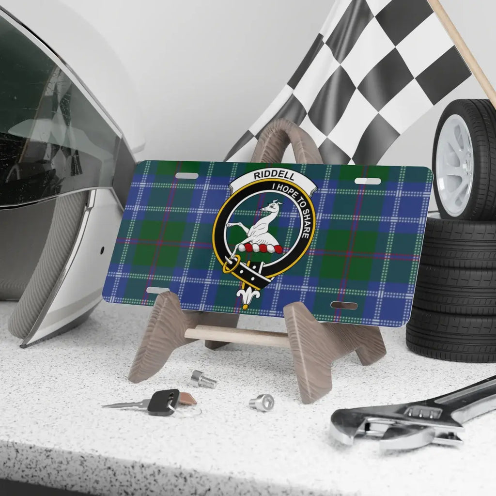 Clan Riddell tartan novelty license plate — I Hope to Share greyhound crest, 12" x 6" aluminium