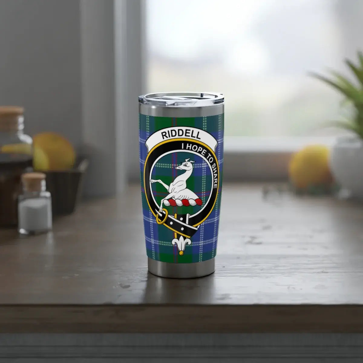Clan Riddell tartan crest travel tumbler — 20 oz insulated steel, greyhound emblem design