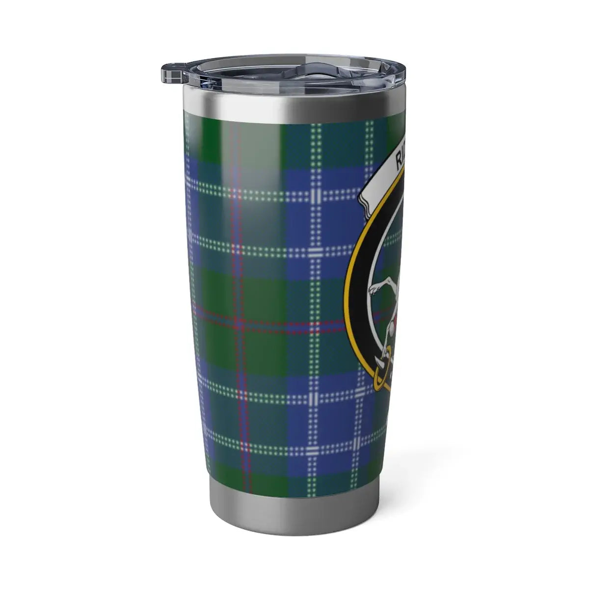 Riddell clan crest tartan insulated travel tumbler — double-wall steel for hot and cold drinks
