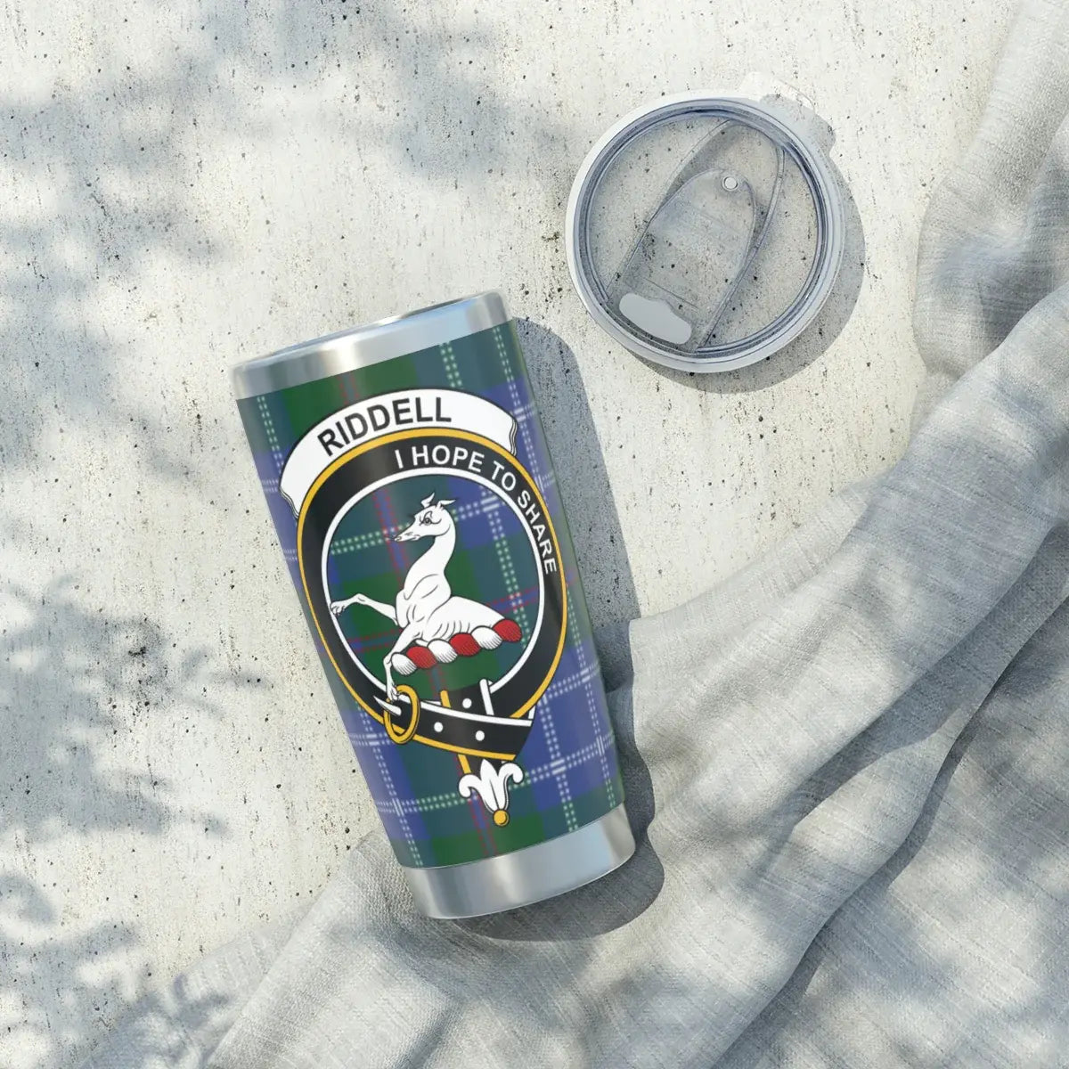 Clan Riddell I Hope to Share plaid tumbler — 20 oz insulated stainless steel, rubber gasket lid
