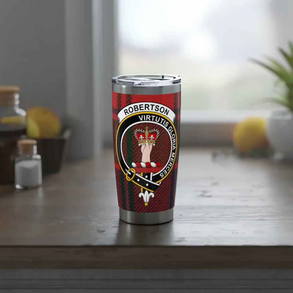 Robertson virtutis gloria merces crest insulated tumbler — side view showing full design