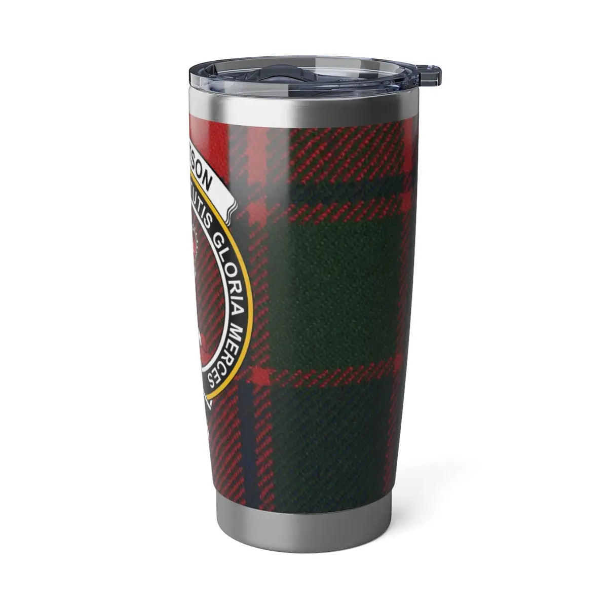 Robertson clan tartan insulated tumbler — full view, virtutis gloria merces plaid design