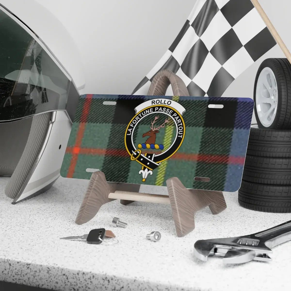 Clan Rollo tartan novelty license plate — La Fortune Passe Partout stag crest, 12" x 6" aluminium
