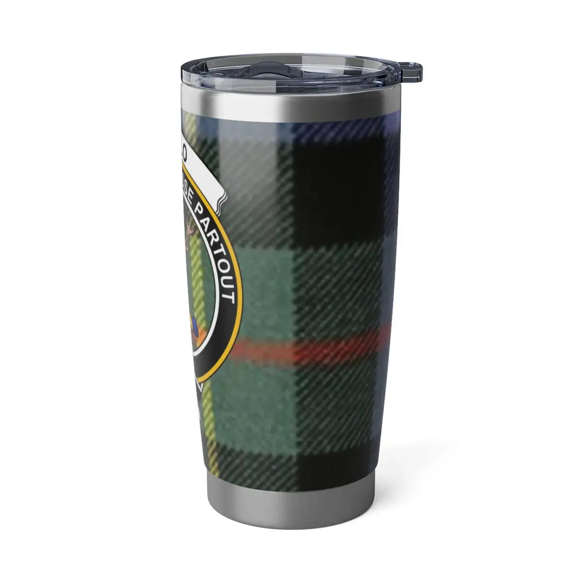 Rollo clan crest tartan insulated tumbler — 20 oz drinkware, rubber gasket lid, Scottish heritage