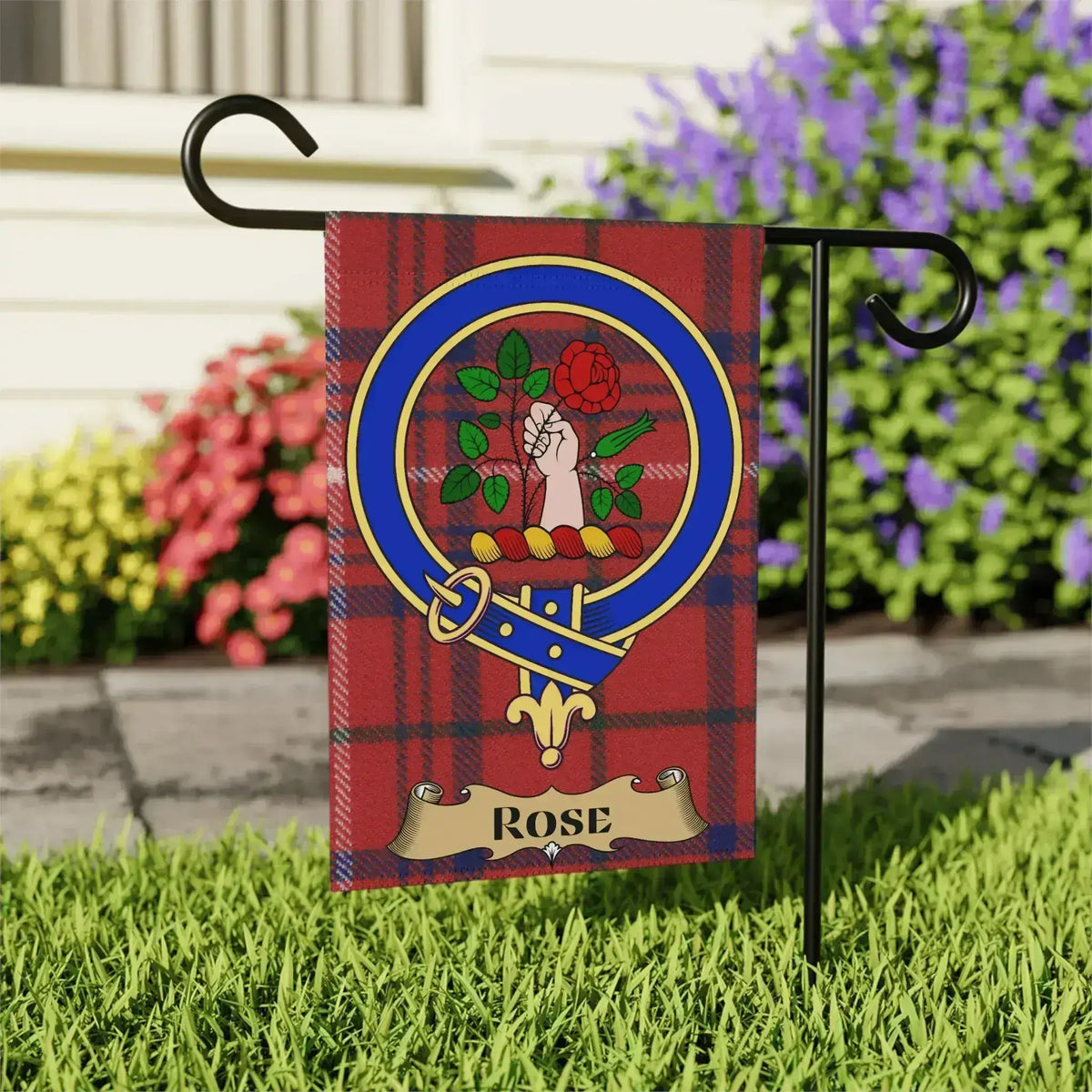 Clan Rose tartan garden flag — 12x18 inch, poly canvas with clan emblem on red plaid
