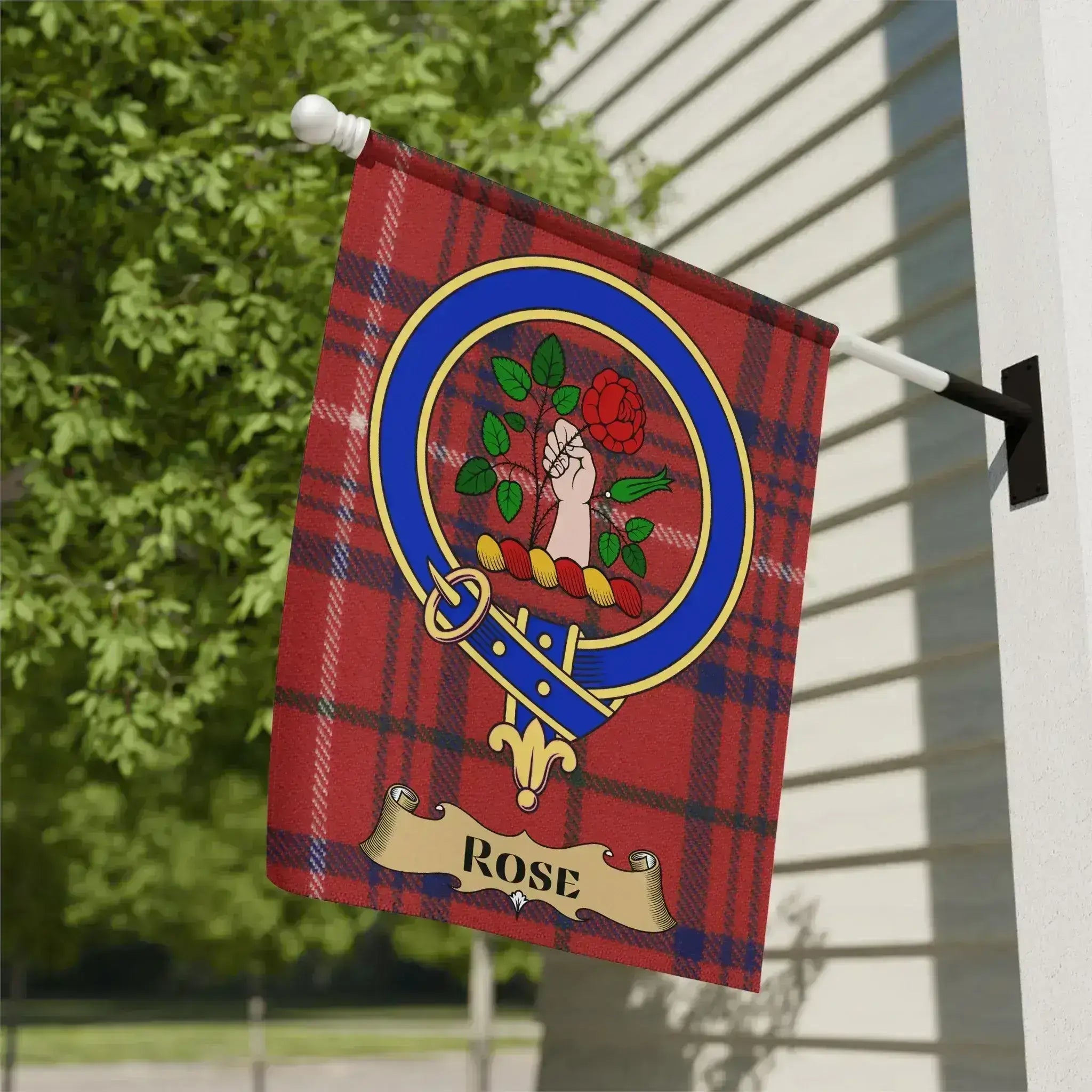 Rose clan family crest tartan flag — 24.5x32 inch, outdoor display