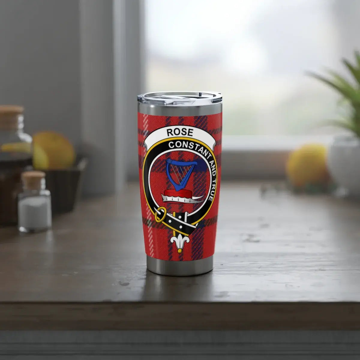 Rose constant and true clan crest insulated tumbler — side view showing full design