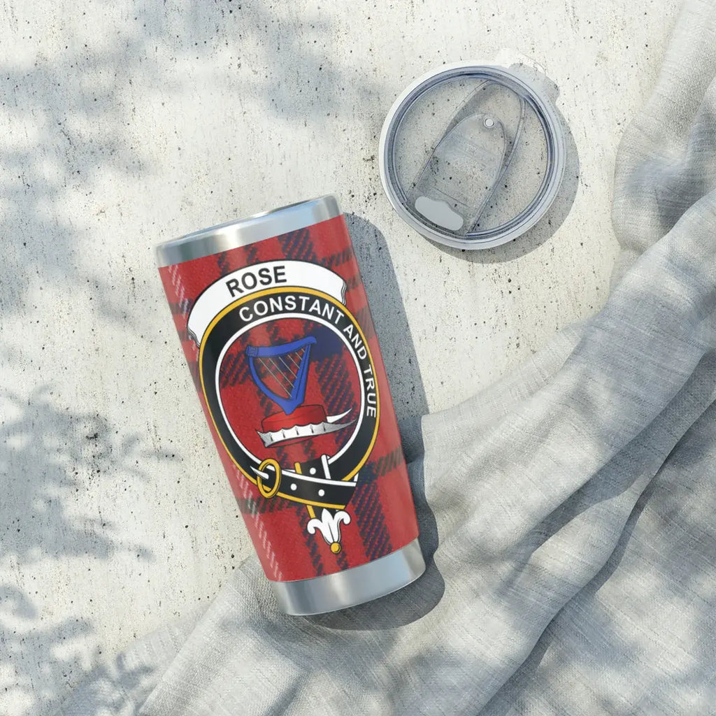 Clan Rose tumbler close-up — red tartan and harp crest on silver stainless body