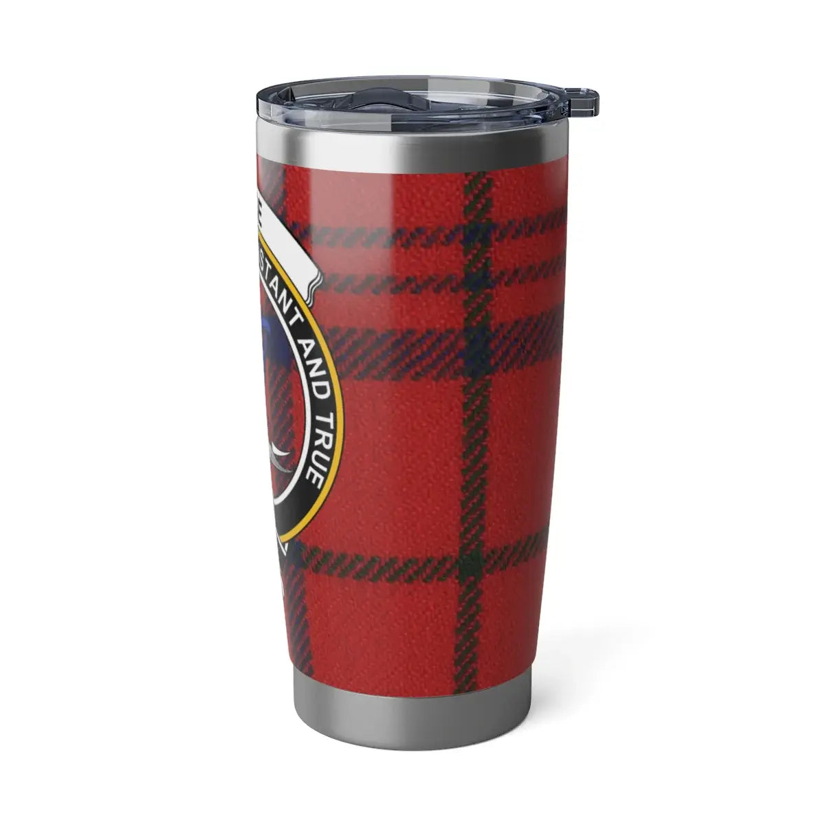 Rose clan tartan insulated tumbler — full view, constant and true plaid with crest