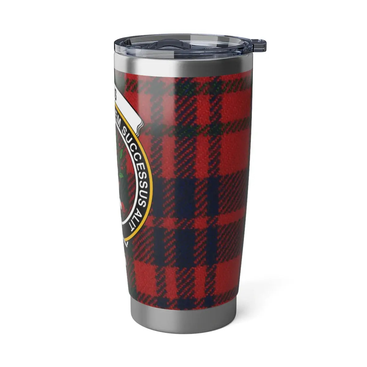 Ross clan tartan insulated tumbler — full view, red plaid with clan crest design