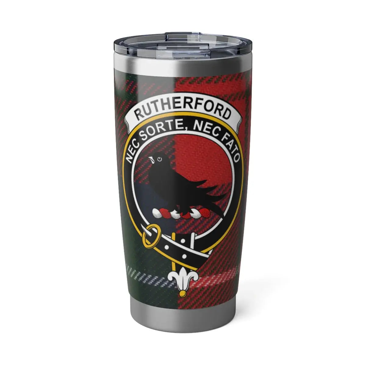 Clan Rutherford tartan crest tumbler — 20 oz insulated stainless steel with Nec Sorte Nec Fato motto