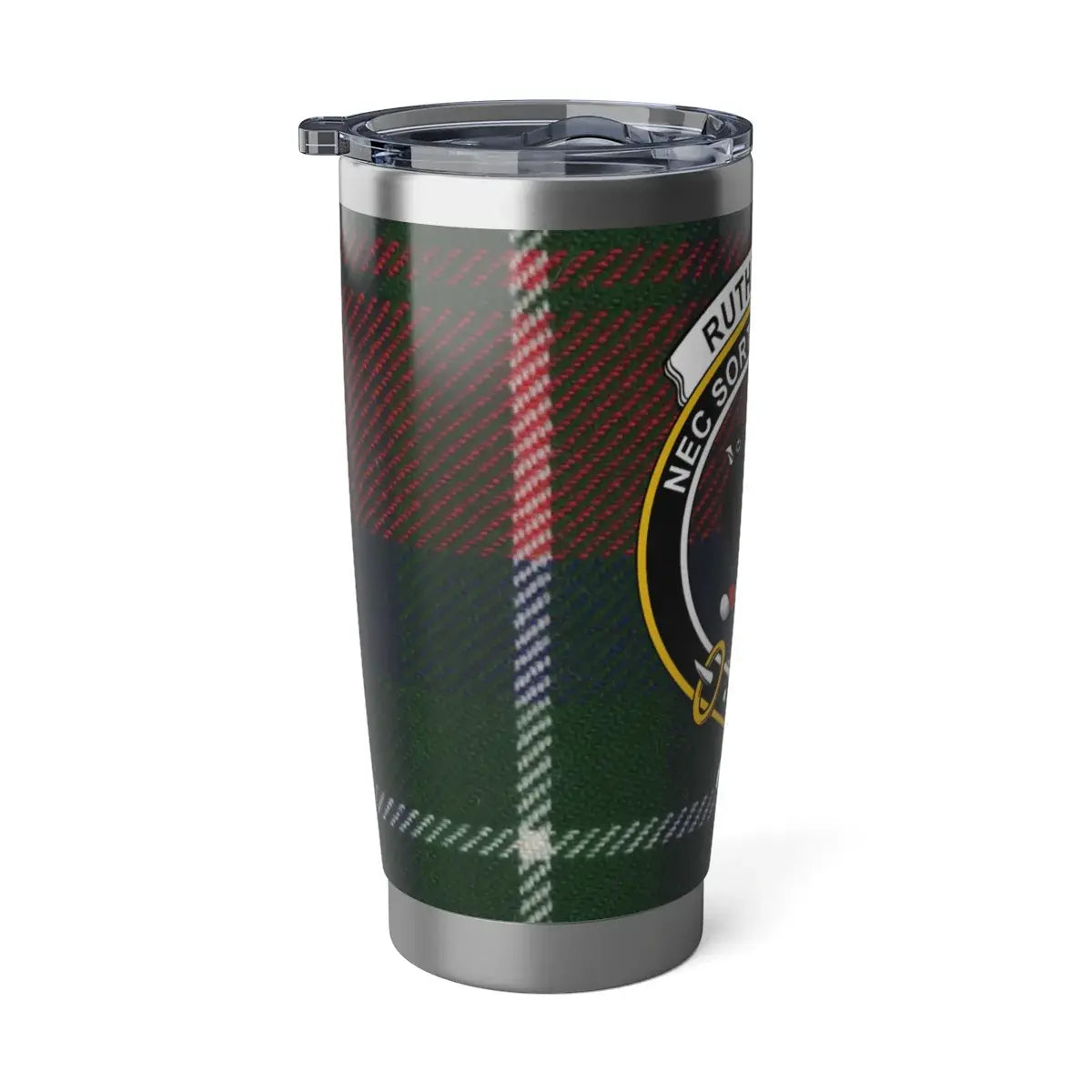 Rutherford clan crest tartan travel tumbler — double-wall insulated steel for hot and cold drinks