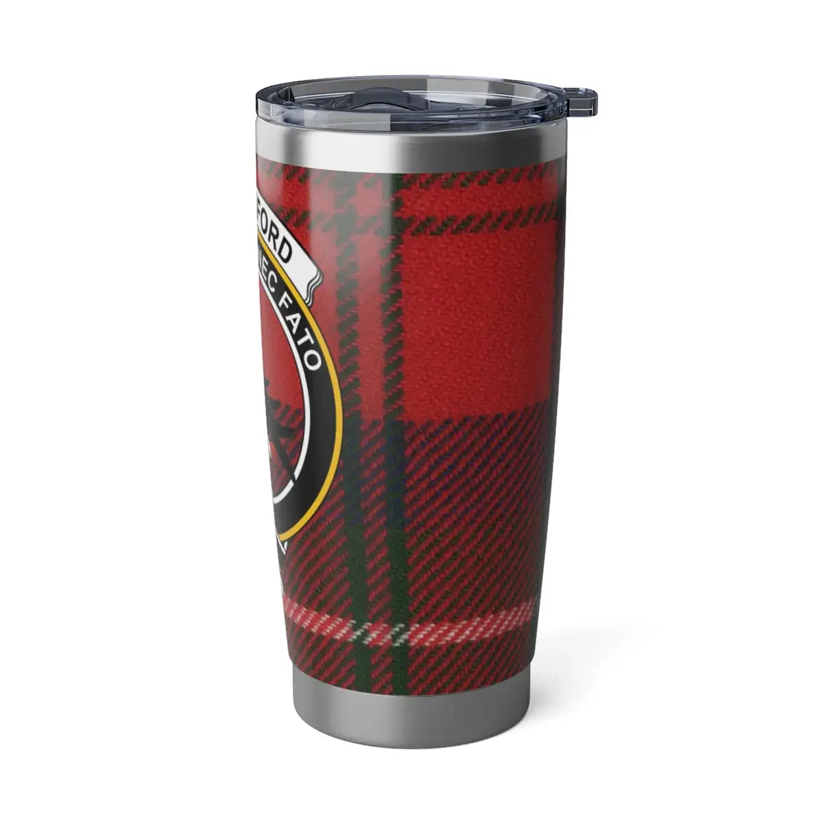 Rutherford tartan clan crest insulated tumbler — 20 oz drinkware, rubber gasket lid, Scottish heritage