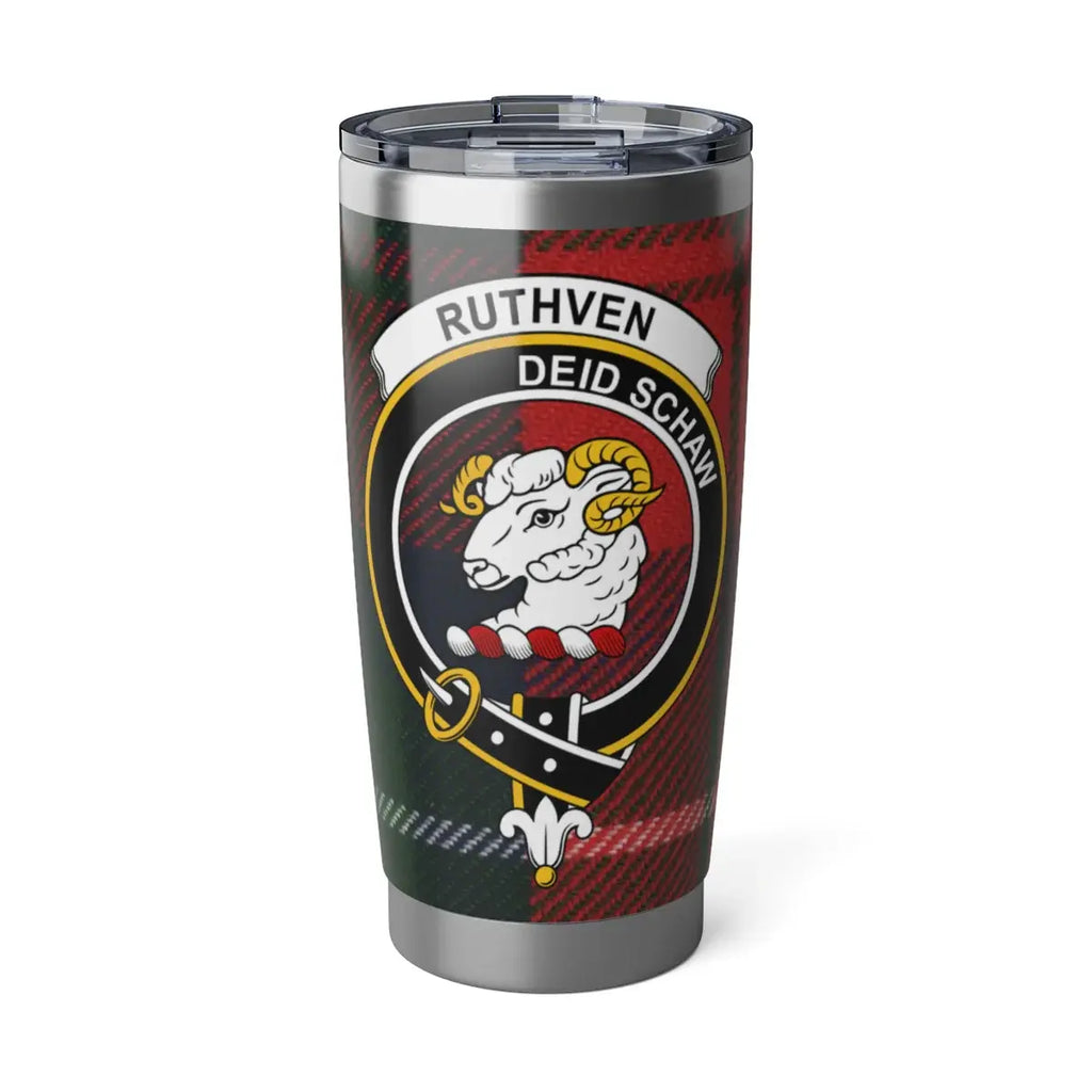 Clan Ruthven tartan tumbler — 20oz stainless steel with ram crest and plaid print