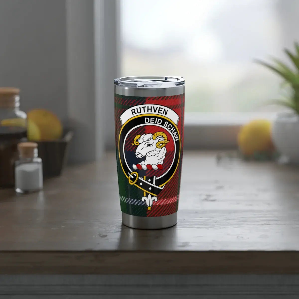Ruthven deid schaw insulated tumbler — side view showing full clan crest design