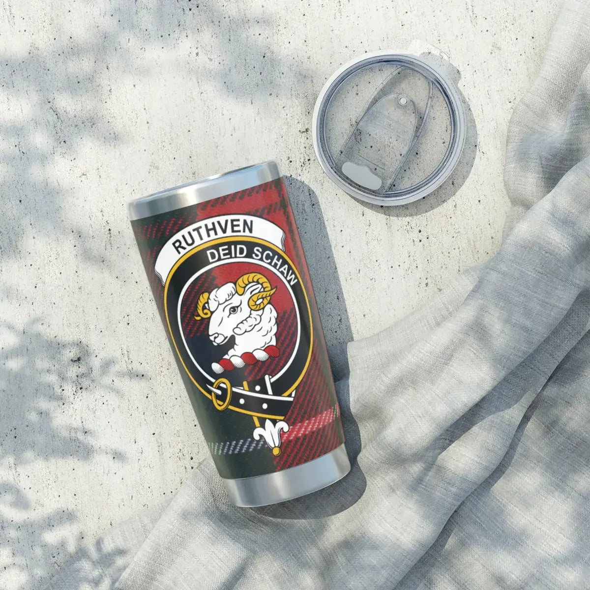 Clan Ruthven tumbler with secure lid — spill-resistant, fits car cup holder