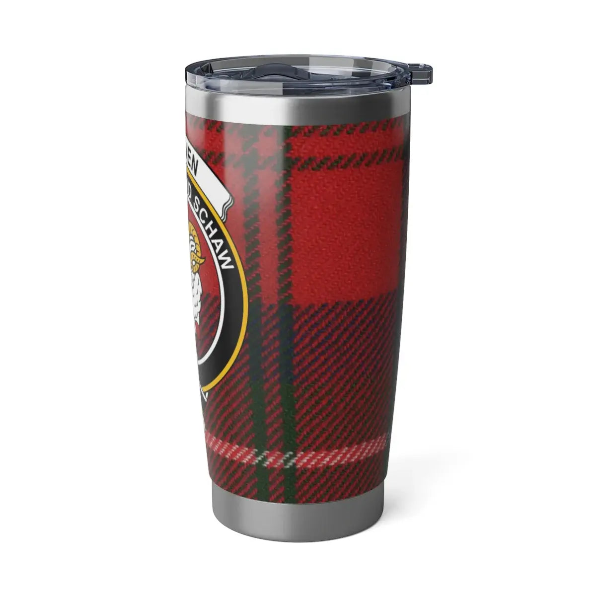 Ruthven deid schaw tartan insulated tumbler — full view, red plaid with ram crest