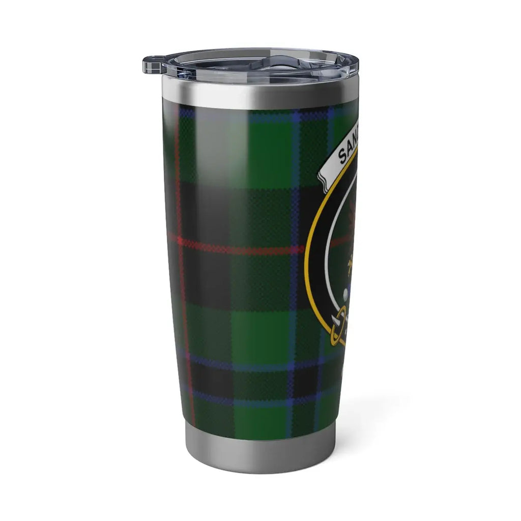 Sandilands clan crest tartan travel tumbler — double-wall insulated steel for hot and cold drinks