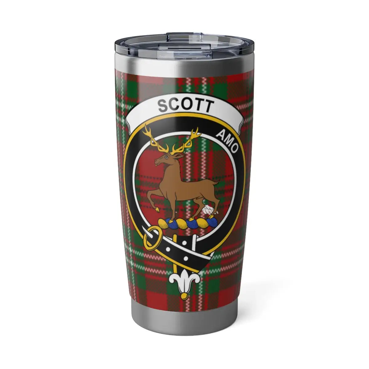 Clan Scott tartan tumbler — 20oz stainless steel with deer crest and plaid print