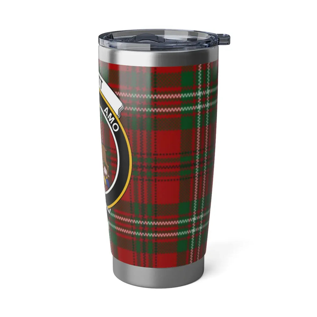 Scott clan tartan insulated tumbler — full view, red plaid with deer crest design