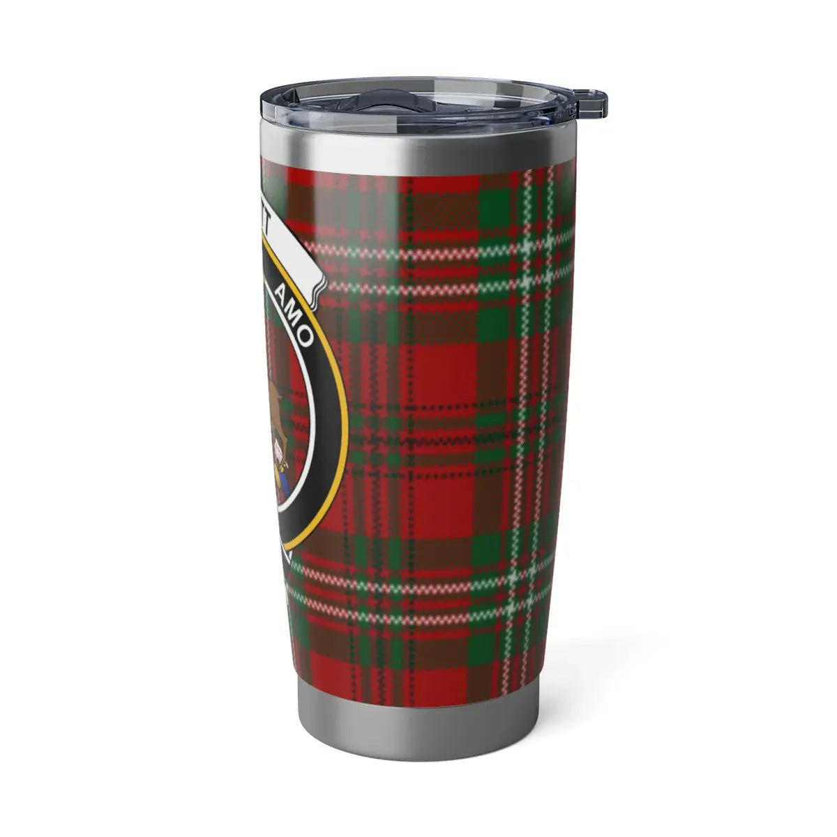 Scott clan tartan insulated tumbler — full view, red plaid with deer crest design