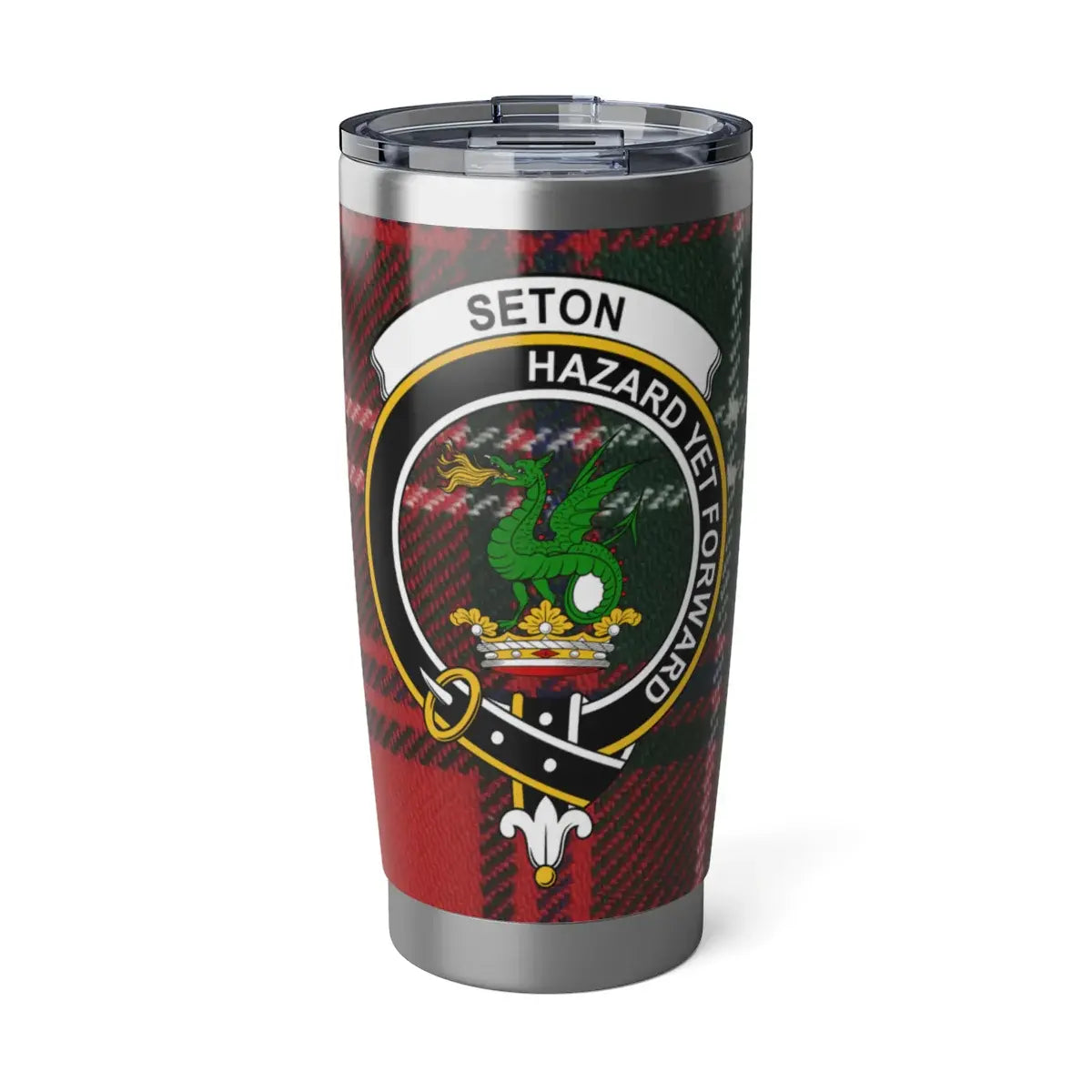 Clan Seton Hazard Yet Forward tartan tumbler — 20 oz insulated stainless steel with dragon crest