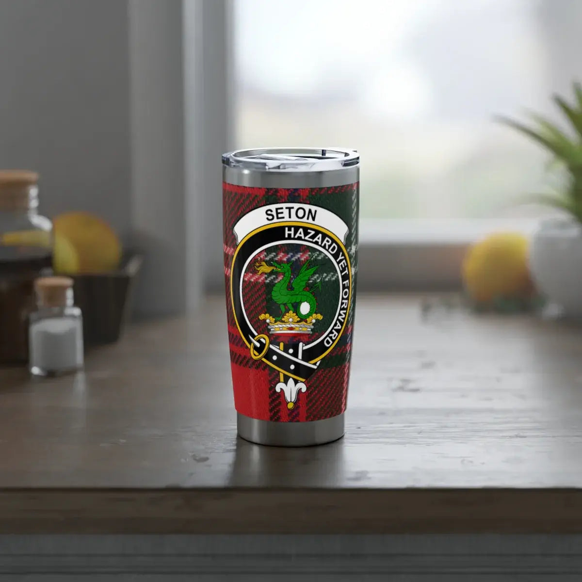 Seton Hazard Yet Forward dragon insignia insulated tumbler — 20 oz stainless steel, clan tartan