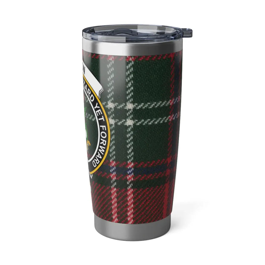 Seton Hazard Yet Forward clan crest tartan travel tumbler — 20 oz drinkware, Scottish heritage design