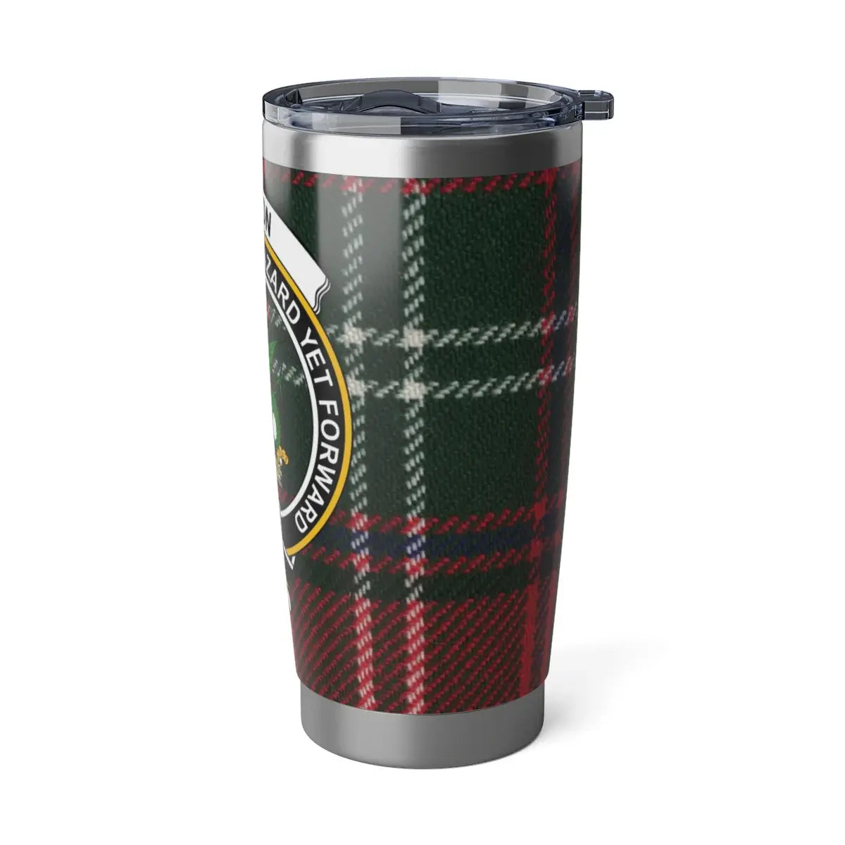 Seton Hazard Yet Forward clan crest tartan travel tumbler — 20 oz drinkware, Scottish heritage design