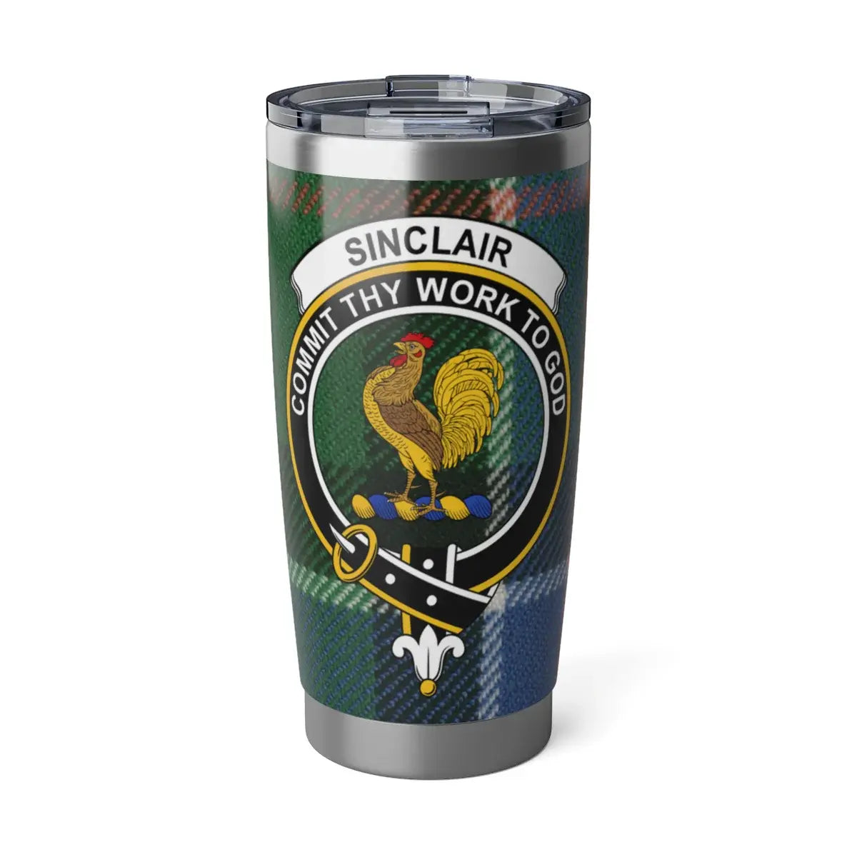 Clan Sinclair tartan tumbler — 20oz stainless steel with rooster crest and plaid print