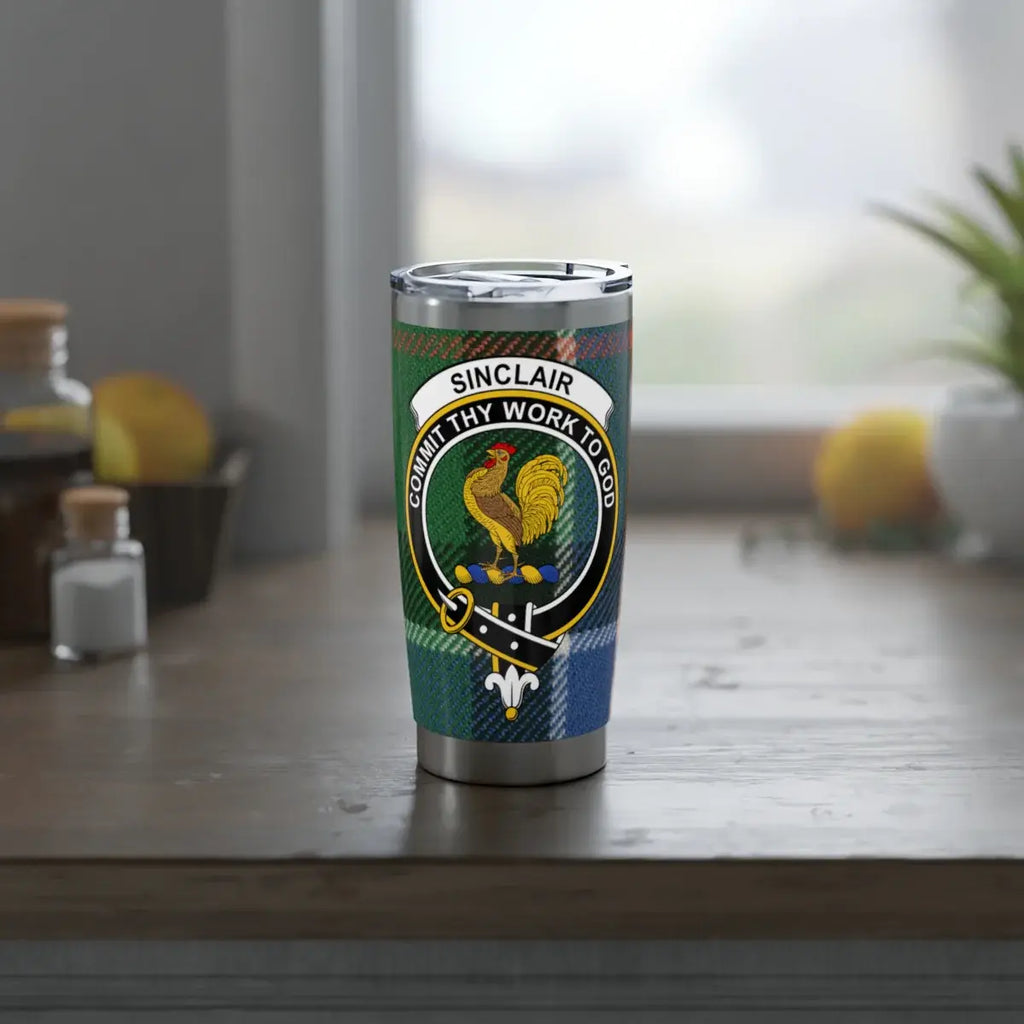 Sinclair commit thy work to god crest insulated tumbler — side view showing full design