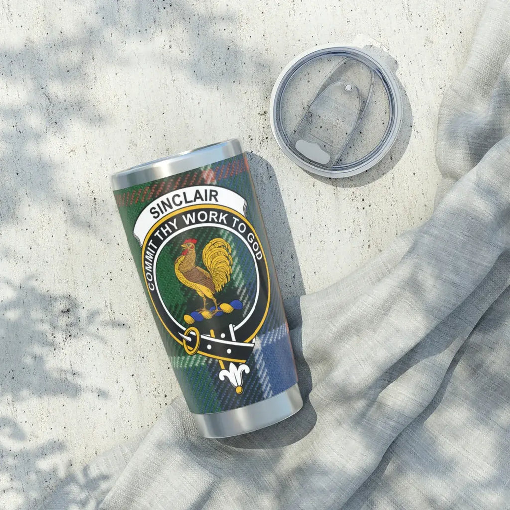 Clan Sinclair family crest tumbler — rooster crest on silver stainless body