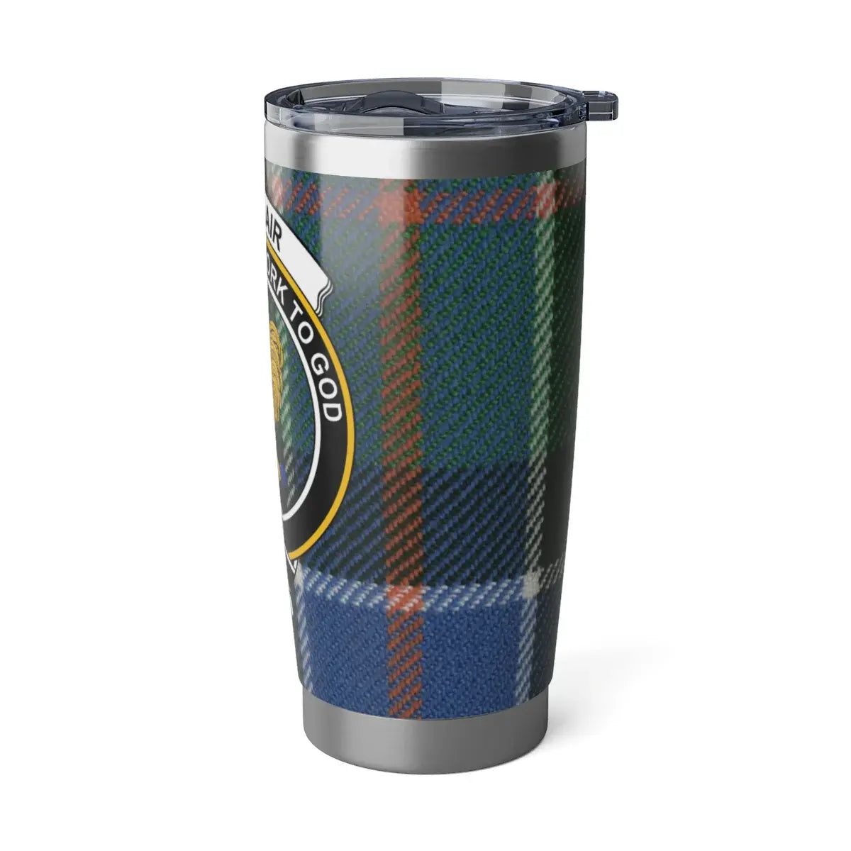 Sinclair clan tartan tumbler — full view, commit thy work to god crest design