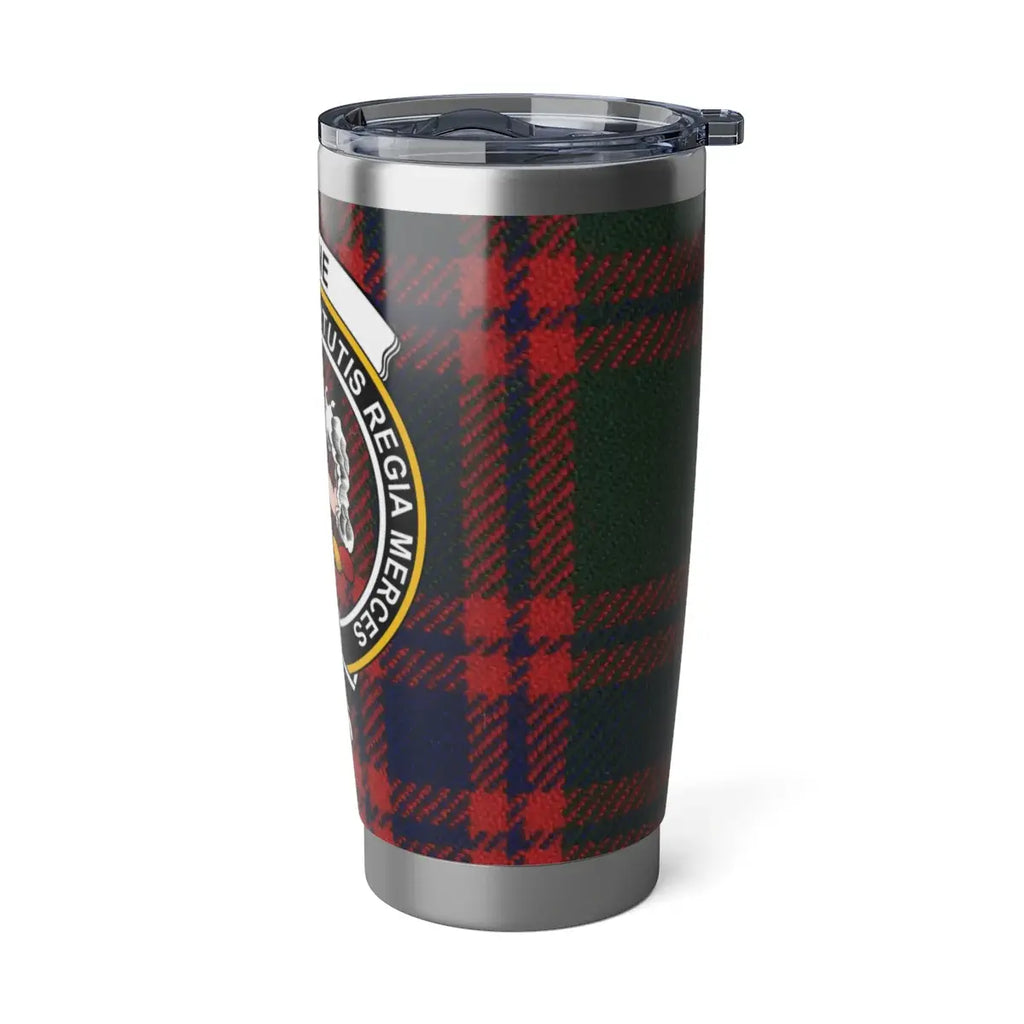 Skene clan tartan tumbler with lid — full view, virtutis regia merces plaid design