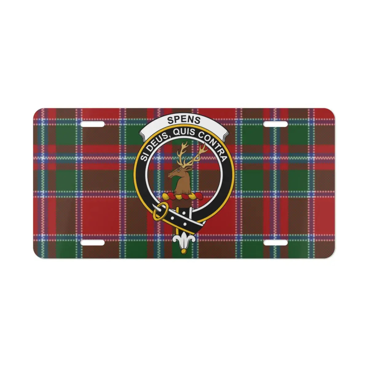 Clan Spens si deus quis contra plaid deer crest license plate — vivid tartan design