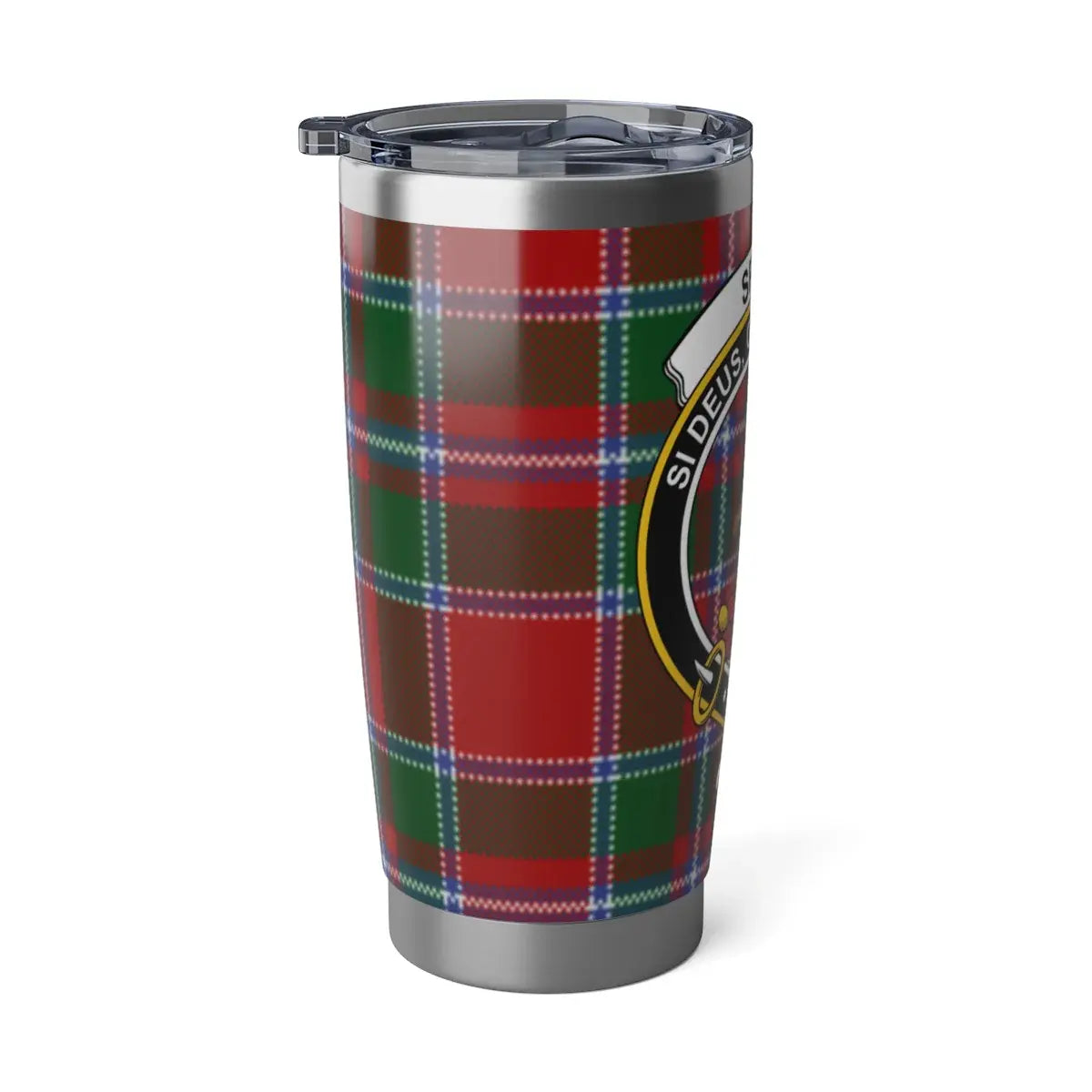 Spens tartan travel mug with clan crest design — secure lid, fits car cup holder