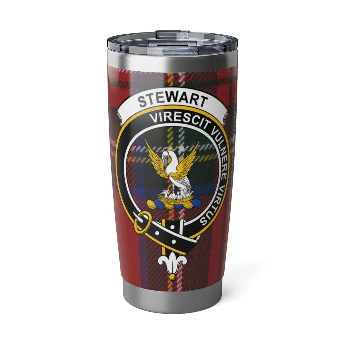Clan Stewart virescit vulnere virtus tartan travel mug — 20oz stainless steel