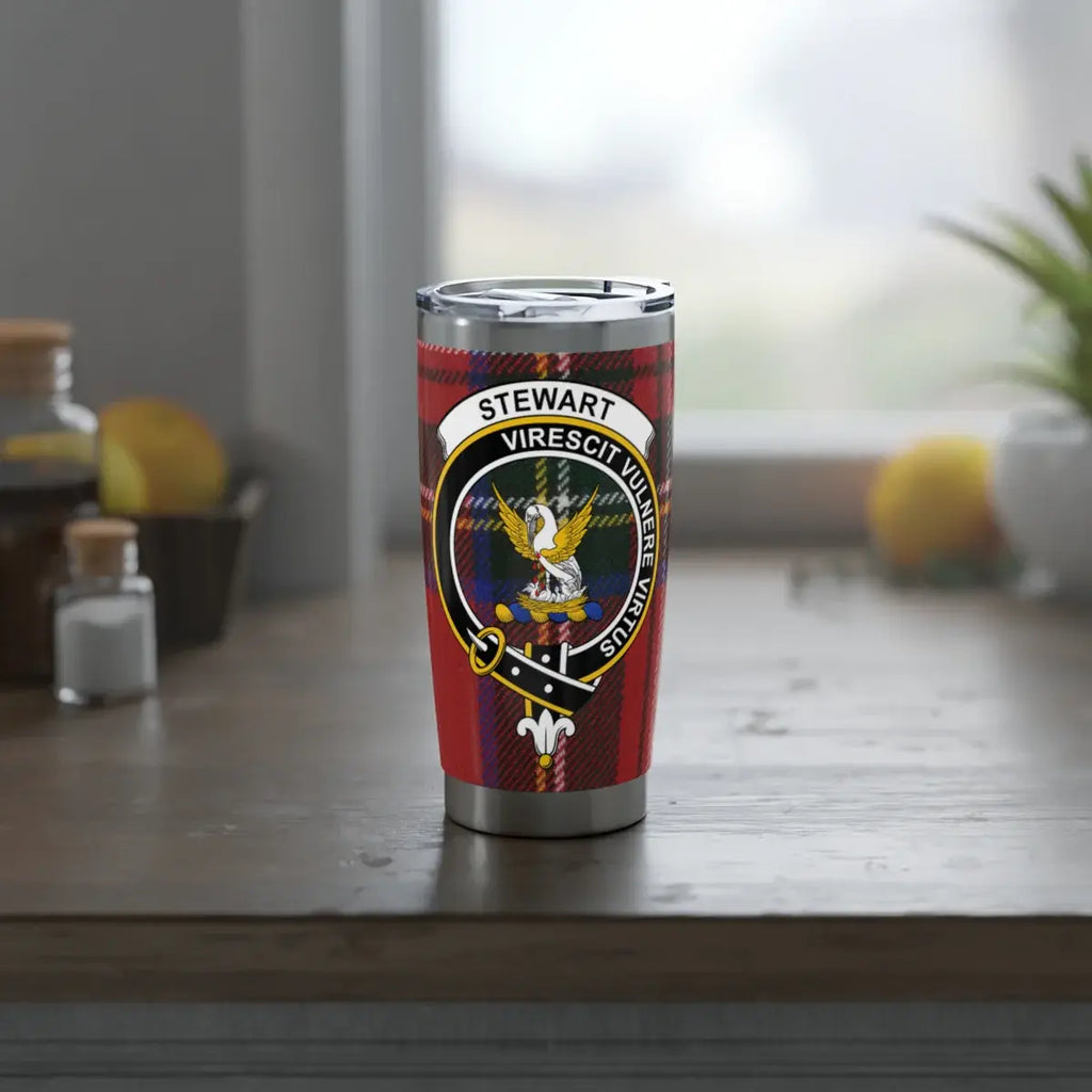 Stewart virescit vulnere virtus insulated tumbler — side view showing full clan crest