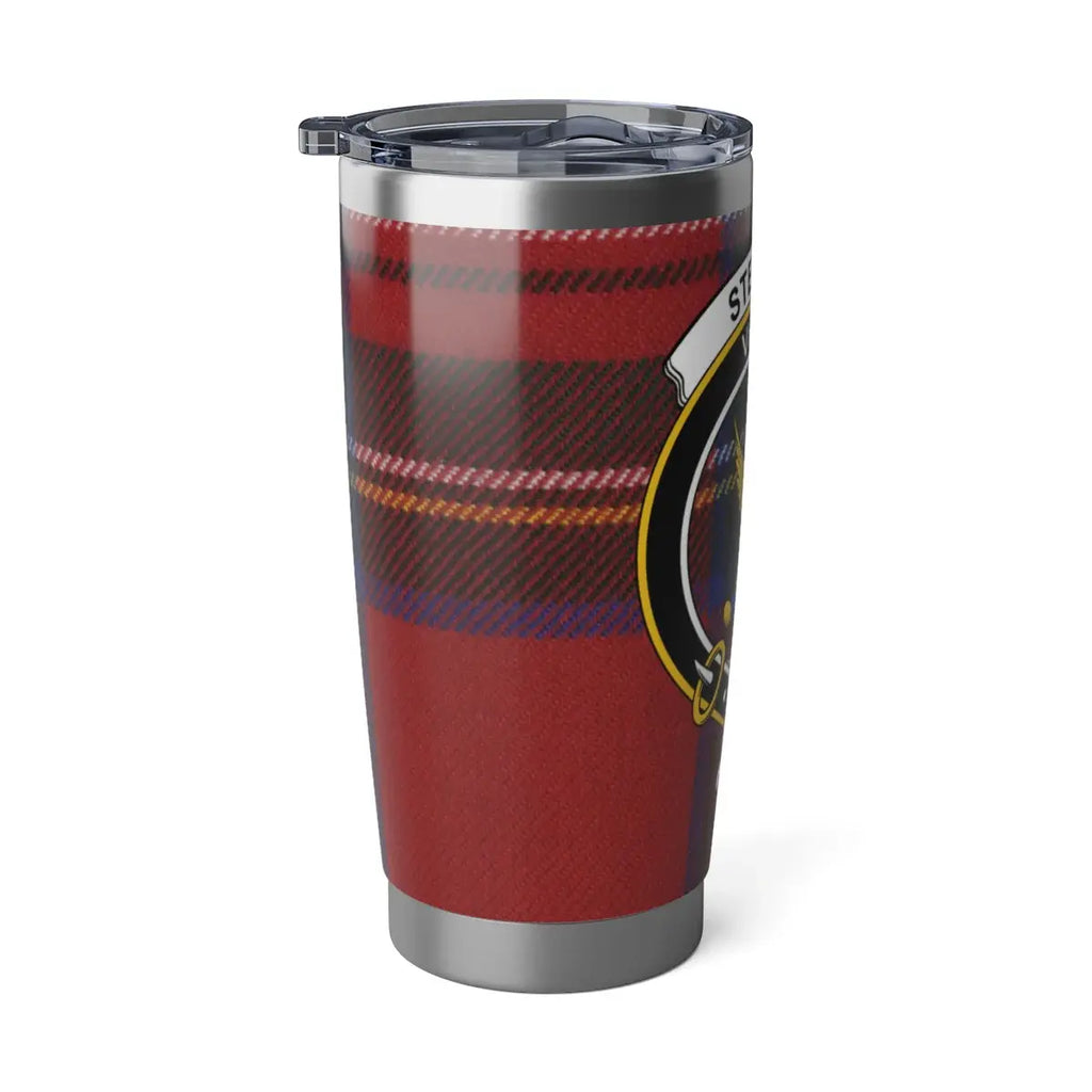 Stylish Stewart clan red plaid design travel tumbler — secure lid, fits car cup holder