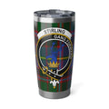 Clan Stirling gang forward travel mug — 20oz stainless steel with stag crest and tartan