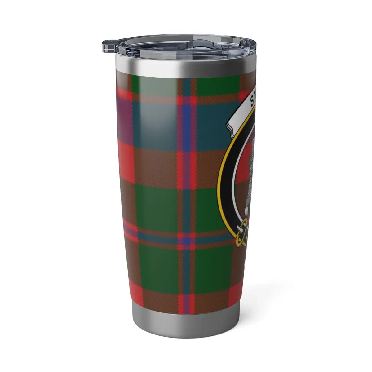 Strang Scottish clan tartan insulated travel tumbler — secure lid, fits car cup holder