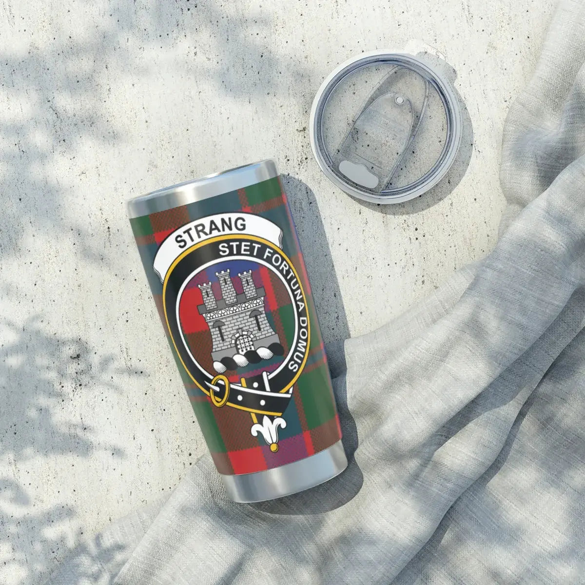 Clan Strang stet fortuna domus tartan plaid tumbler cup — full view