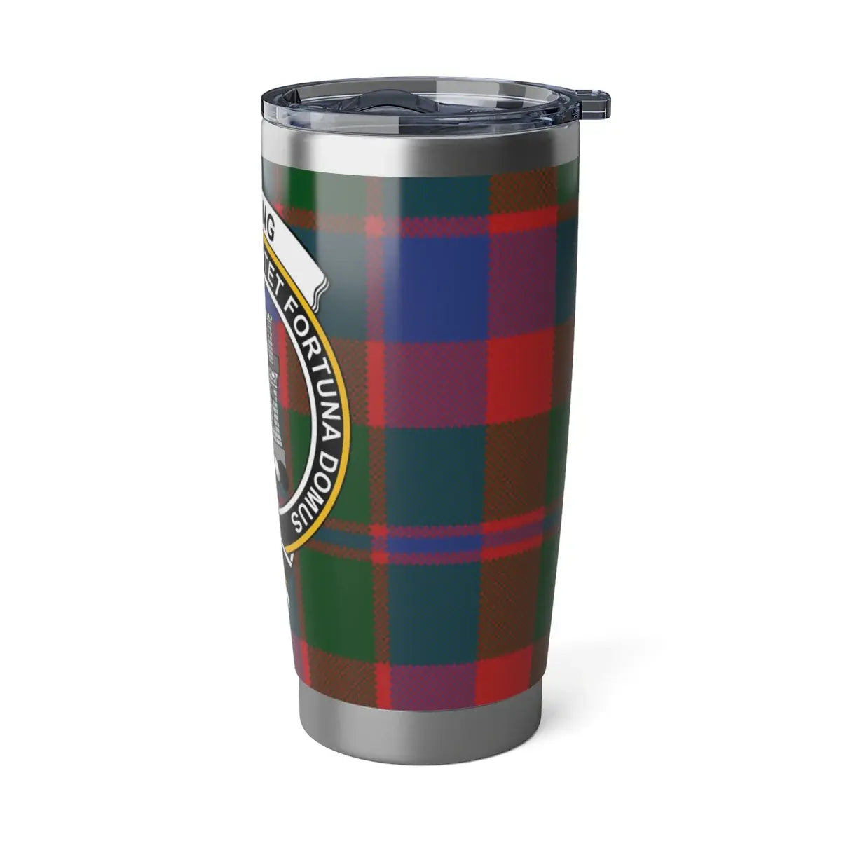 Strang clan colourful plaid tartan design travel mug flask — clan crest detail